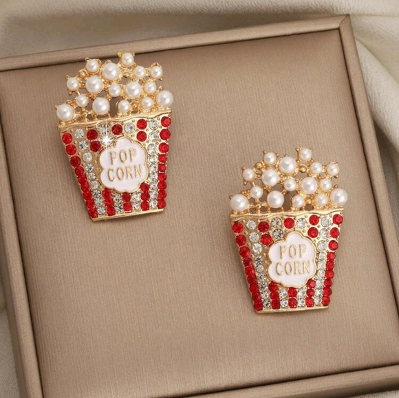 "Movie Night" Popcorn Red & Gold Stud Statement Earrings - Picture 2 of 2